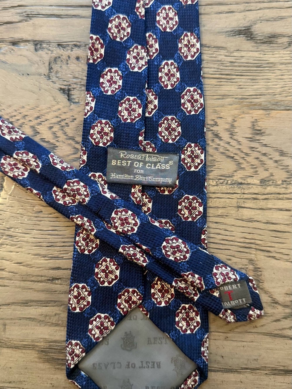 Robert Talbott Navy Silk Tie with Cream and Burgundy Medallions